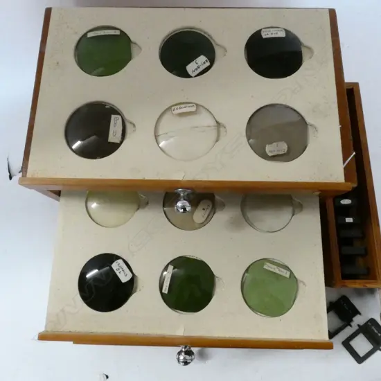 6 DRAWER BOX OF OPTICAL LENSES AND BOX SET OF OPTICAL DENSITY SLIDES